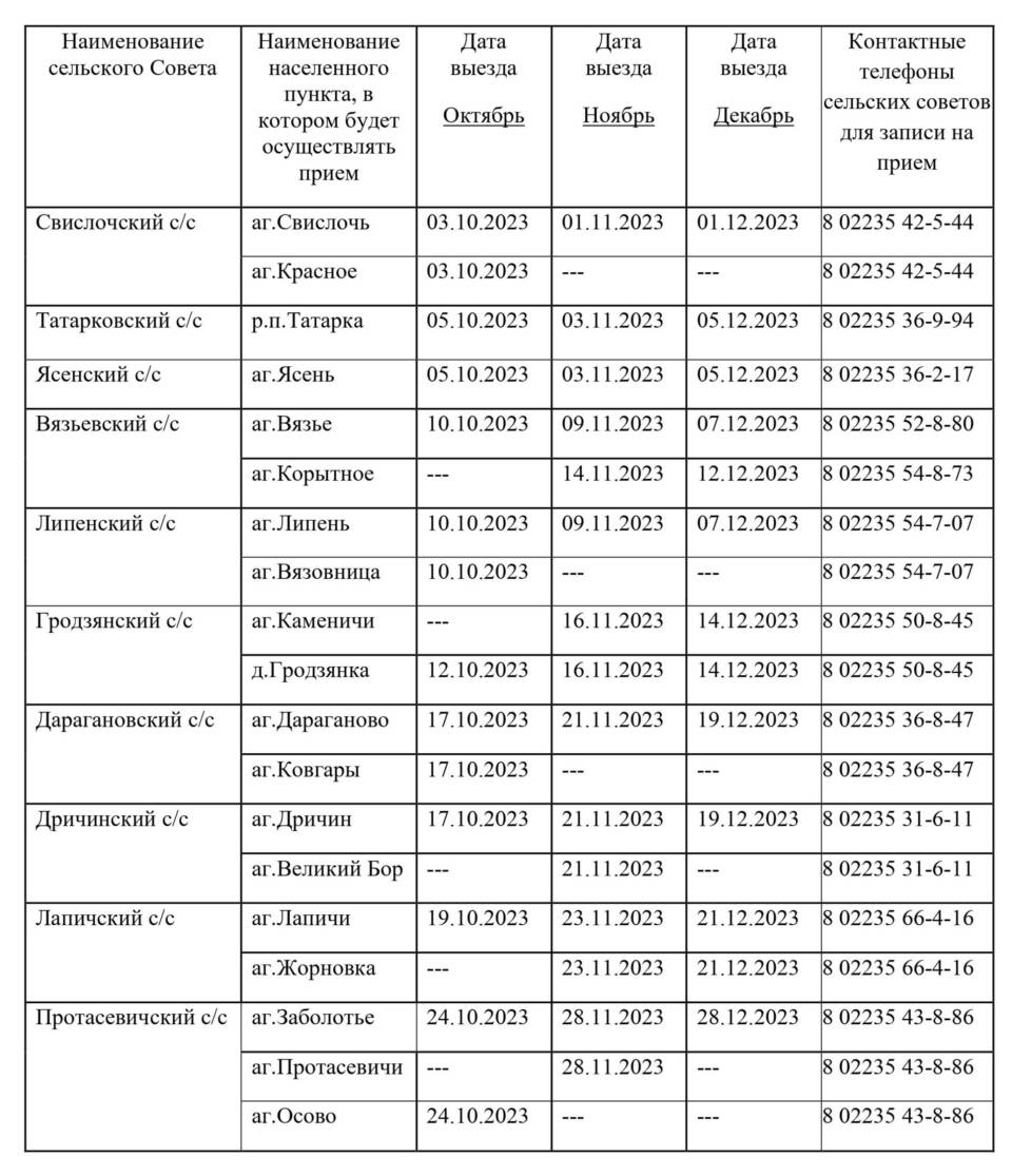 Выезд нотариусов в агрогородки Осиповичского района на 4 квартал
